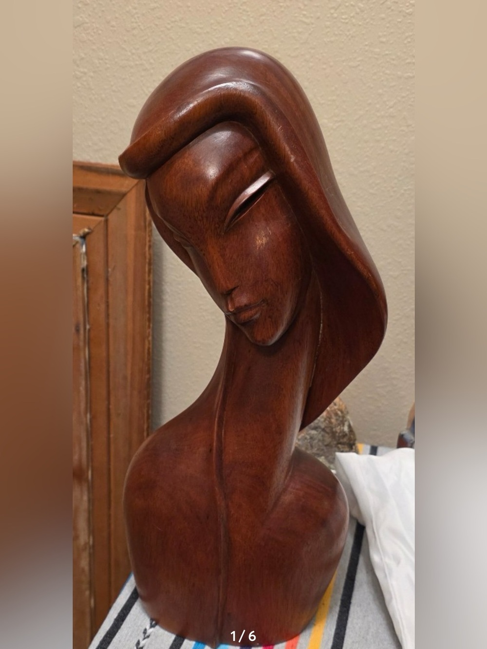 Hand carved 18” Tall Wood Bust of Female Beautiful MCM Sculpture